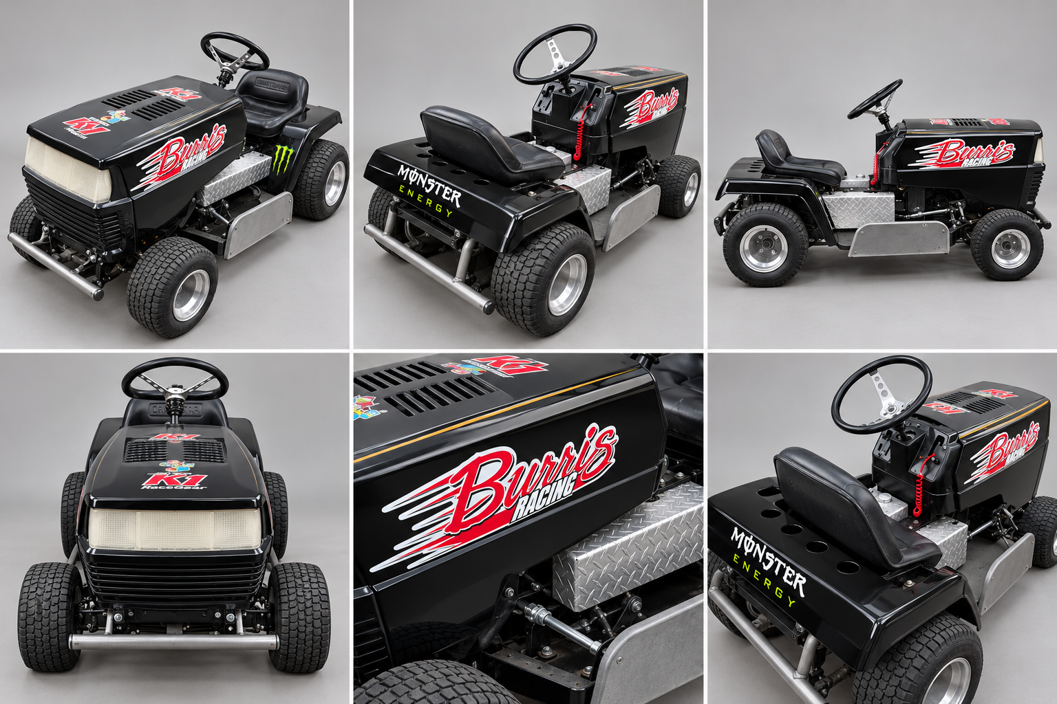 Black racing mower — Six-view photo sheet