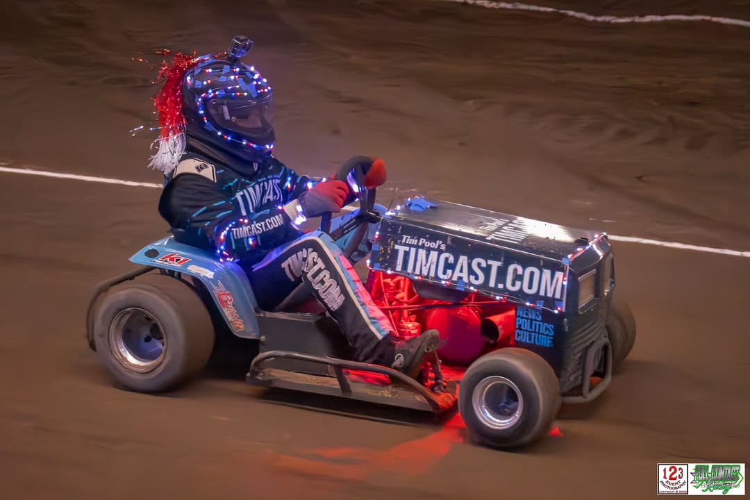 Timcast racing mower and driver lit up for race night
